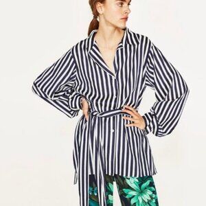 ZARA Striped Tunic with Sash Belt Blue Size Small